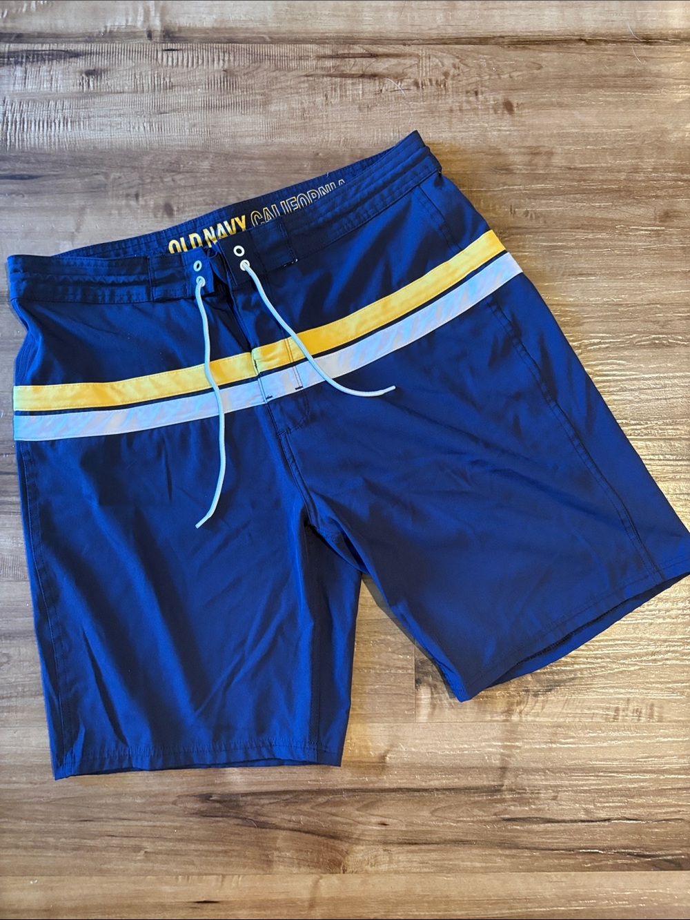 Old Navy Men’s Navy Swim Board Shorts with Yellow & White Stripes